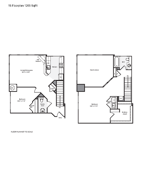 Floor plan for 1 bed, 1.5 baths, 1265 sqft